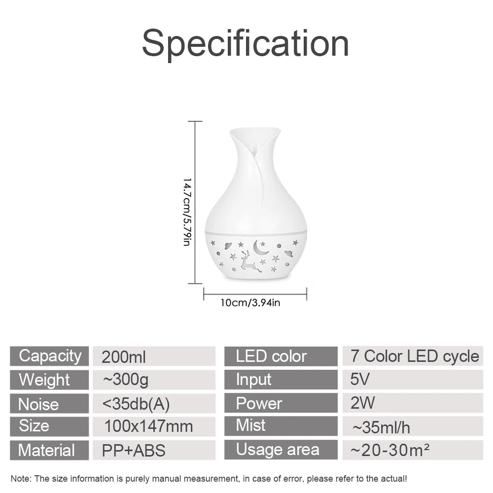 Ultrasonic Cool Mist Humidifier with Aromatherapy oils diffuser 200ml water Tank Timer and Soothing LED Lights for Stress Relief