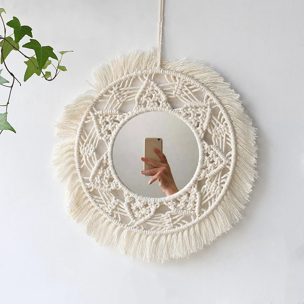 Boho Macrame Round Mirror Decorative Mirrors Aesthetic Room Decor Hanging Wall Mirror for Bedroom Living Room House Decoration