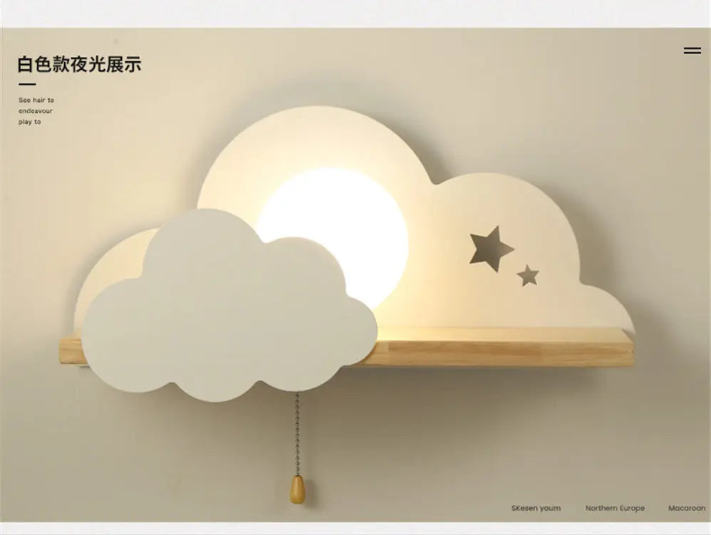 Nordic Cloud Wood Shelf Wall Lamp With Pull Switch Children Bedroom Bedside Night Light Study Corridor Wall Sconce Led Fixture