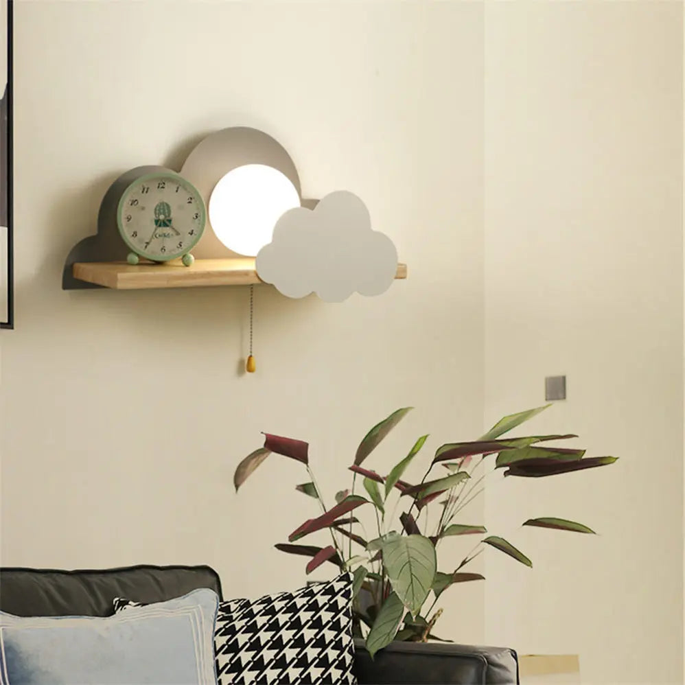 Nordic Cloud Wood Shelf Wall Lamp With Pull Switch Children Bedroom Bedside Night Light Study Corridor Wall Sconce Led Fixture