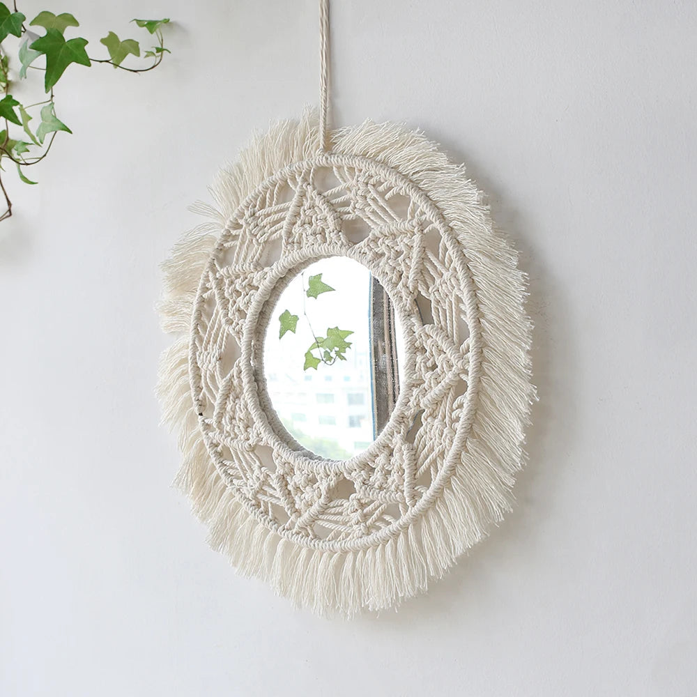 Boho Macrame Round Mirror Decorative Mirrors Aesthetic Room Decor Hanging Wall Mirror for Bedroom Living Room House Decoration