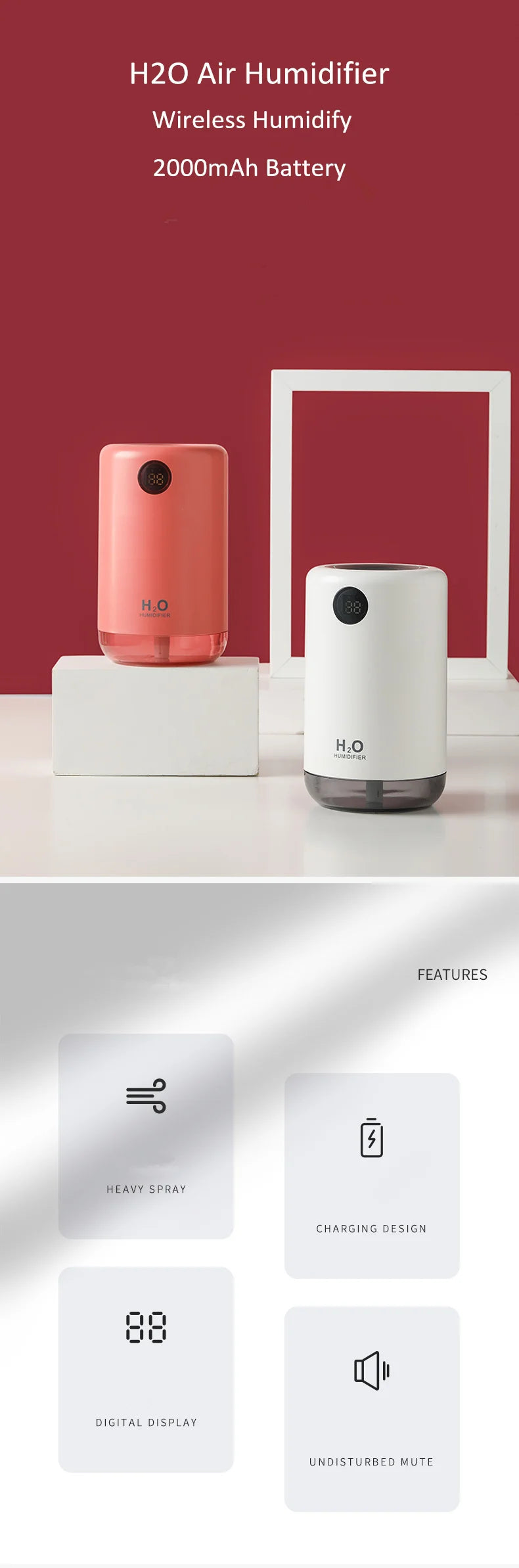 Home Table Wireless Ultrasonic Air Humidifier, Portable Mini Aroma Water Mist Diffuser, Battery Life Show, 500ml, 2000mAh