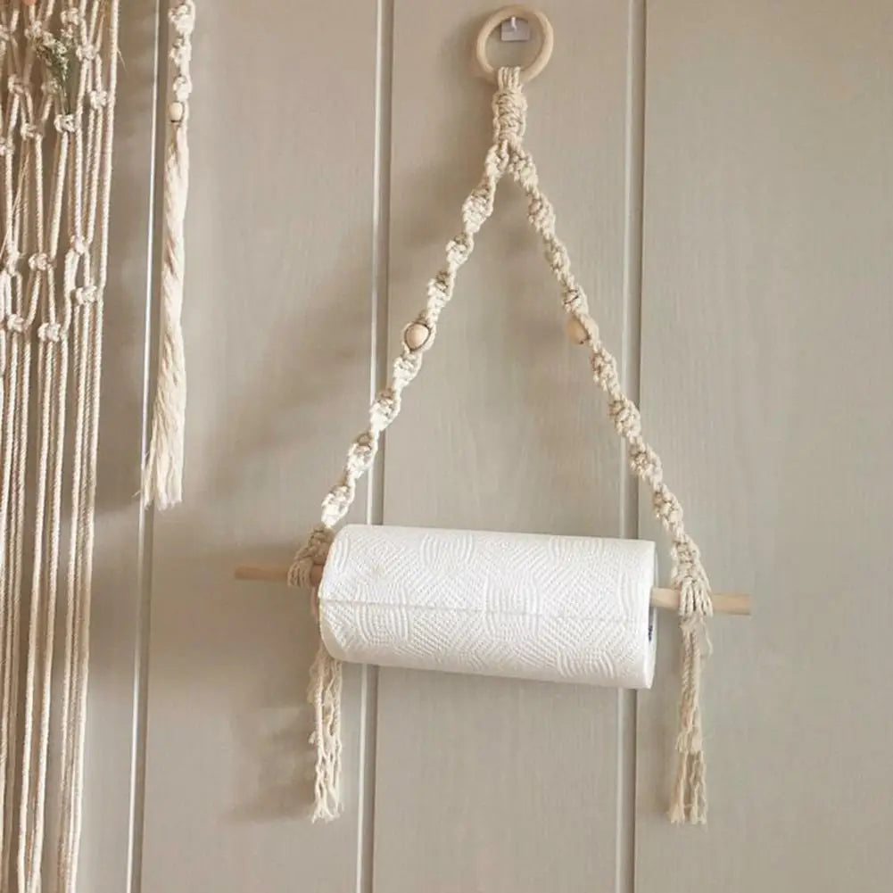 Nordic Wooden Stick Toilet Paper Holder Wall Hanging Hand-woven Tapestry Macrame Kitchen Bathroom Towel Rack Decoration