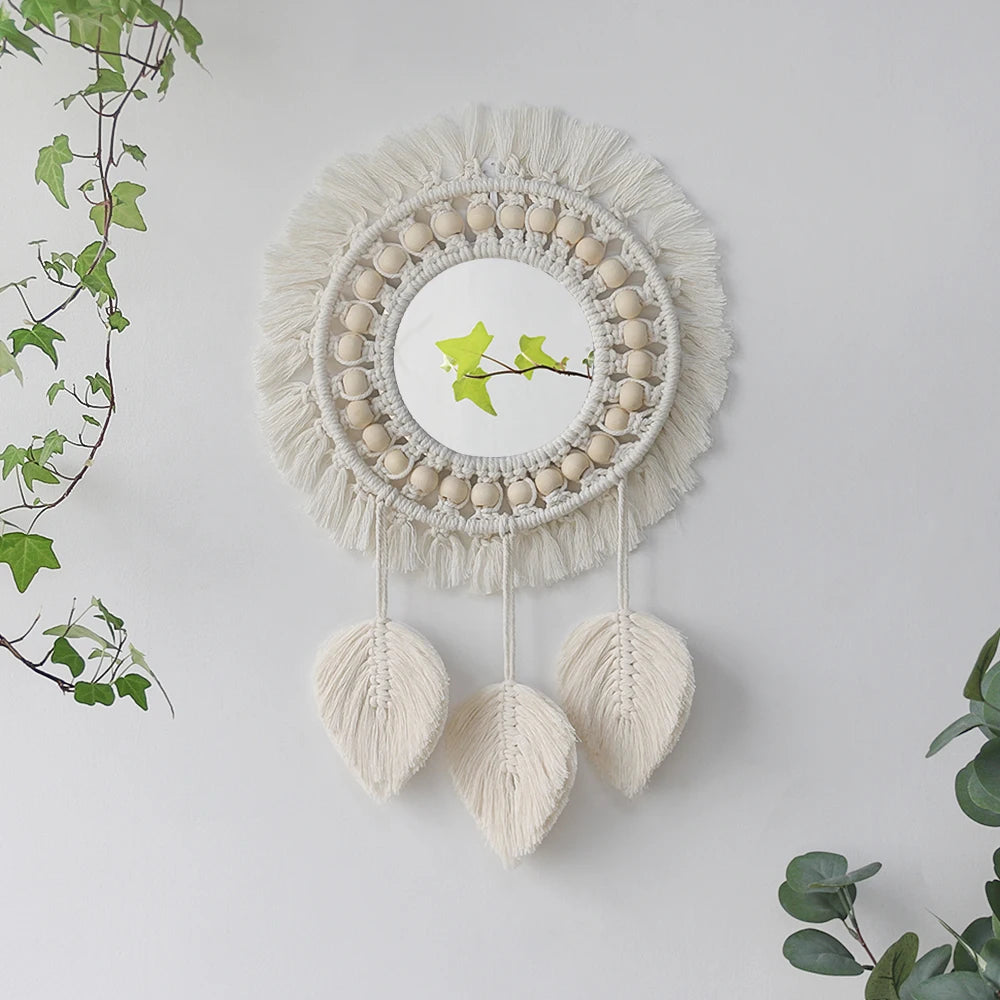 Boho Macrame Round Mirror Decorative Mirrors Aesthetic Room Decor Hanging Wall Mirror for Bedroom Living Room House Decoration