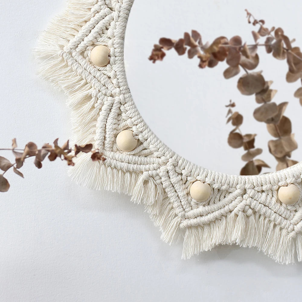 Boho Macrame Round Mirror Decorative Mirrors Aesthetic Room Decor Hanging Wall Mirror for Bedroom Living Room House Decoration