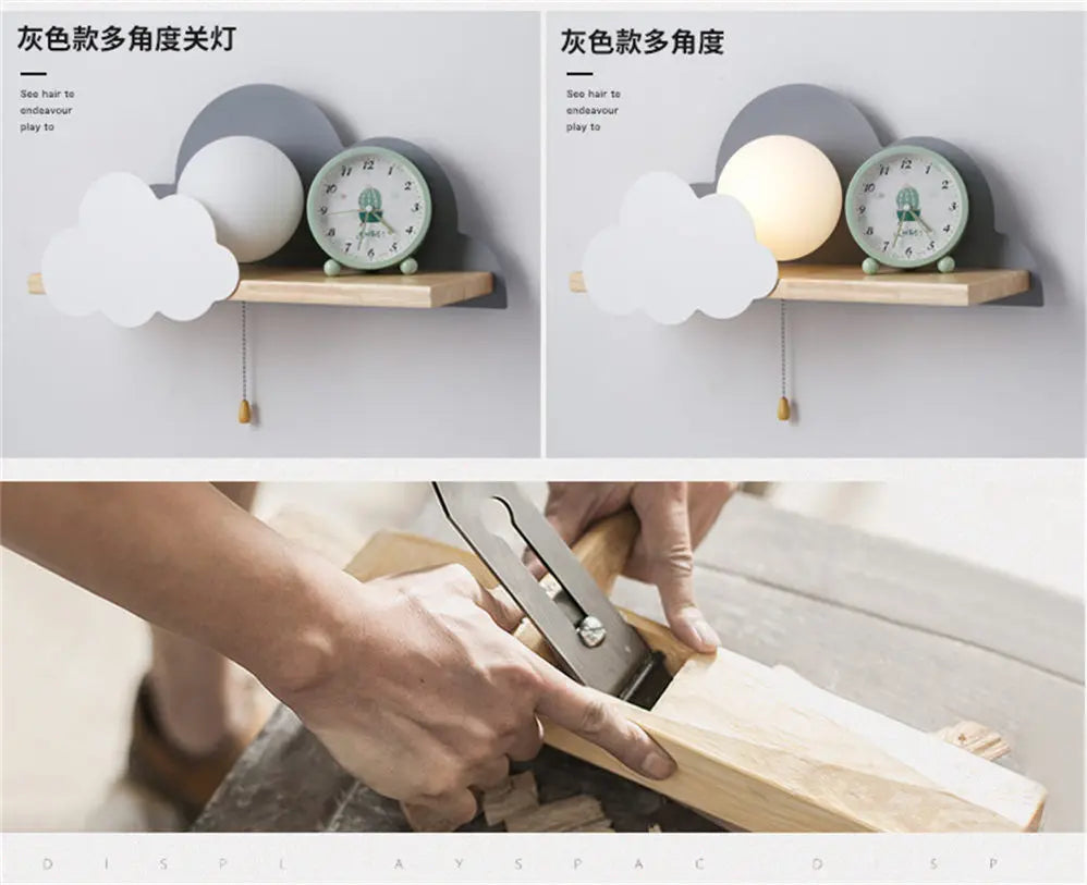 Nordic Cloud Wood Shelf Wall Lamp With Pull Switch Children Bedroom Bedside Night Light Study Corridor Wall Sconce Led Fixture