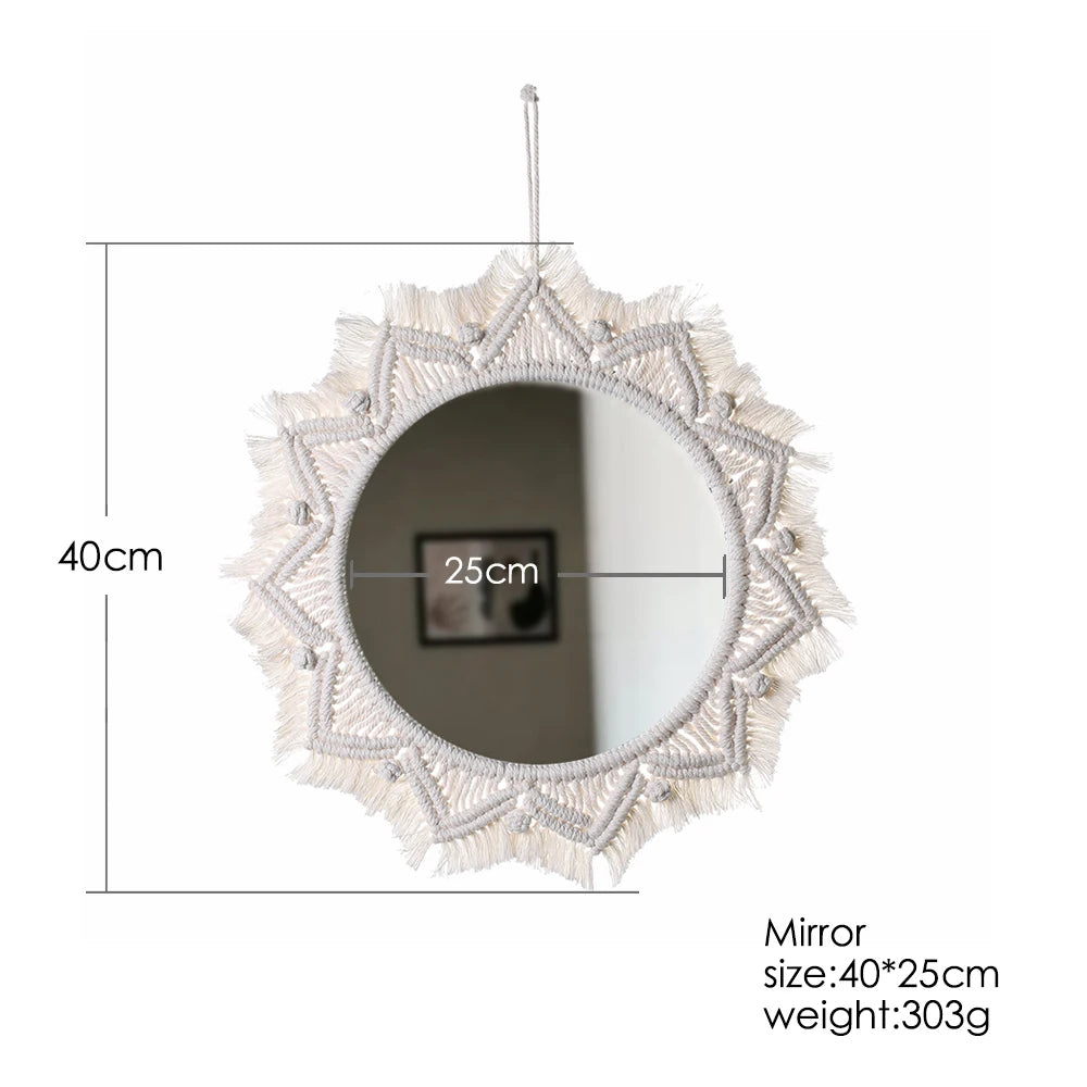 Boho Macrame Round Mirror Decorative Mirrors Aesthetic Room Decor Hanging Wall Mirror for Bedroom Living Room House Decoration