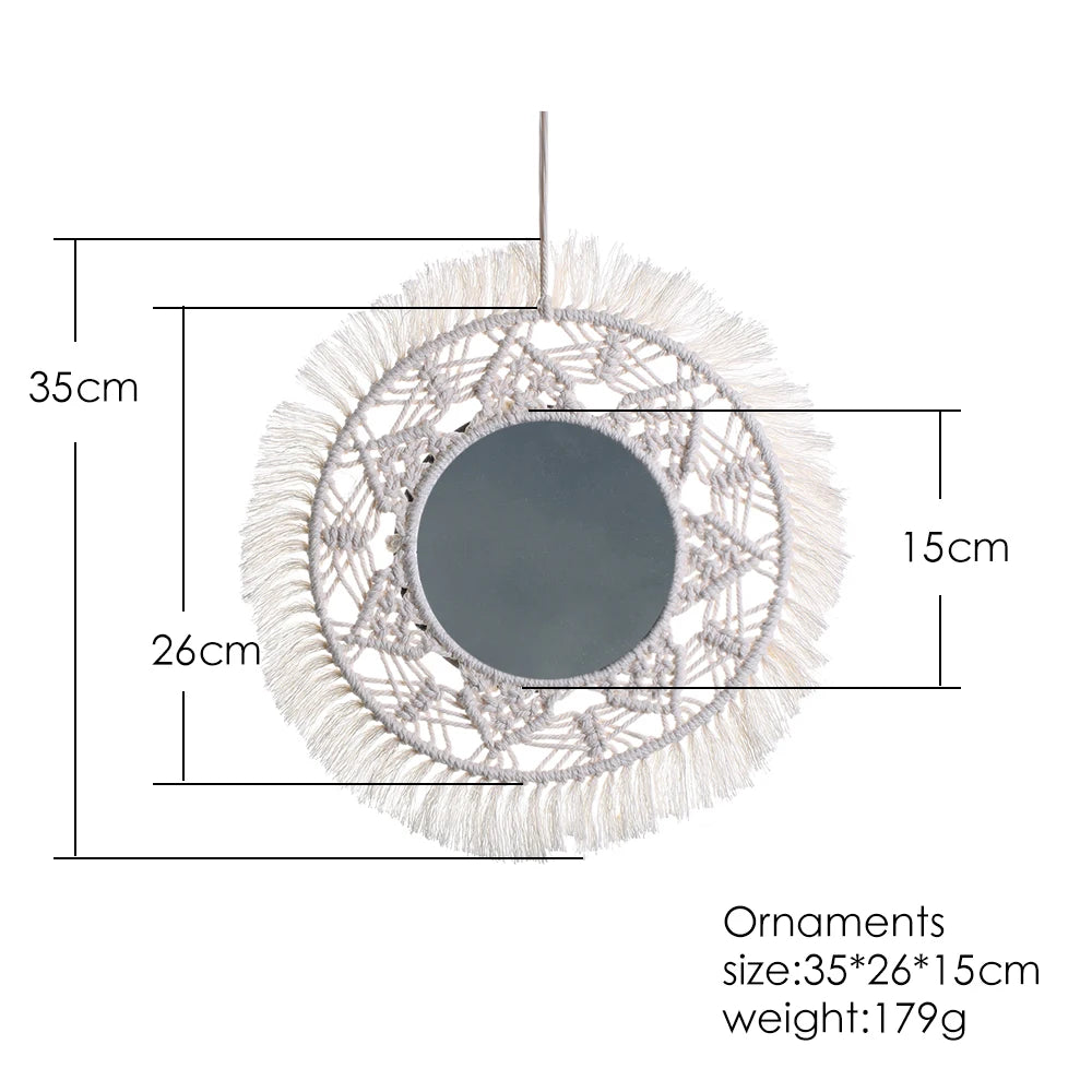 Boho Macrame Round Mirror Decorative Mirrors Aesthetic Room Decor Hanging Wall Mirror for Bedroom Living Room House Decoration