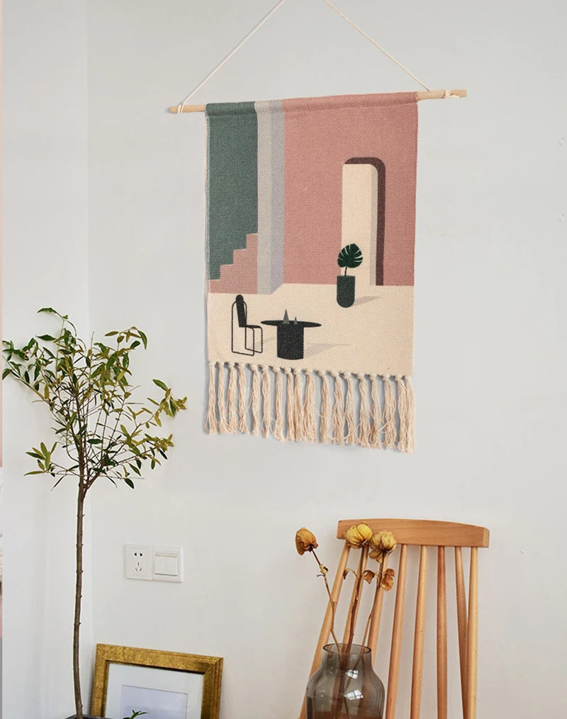 Macrame Wall Hanging Tapestry Nordic Cotton Tassel Handmade Woven Bohemian Geometric Canvas Cloth Home Living Room Boho Decor
