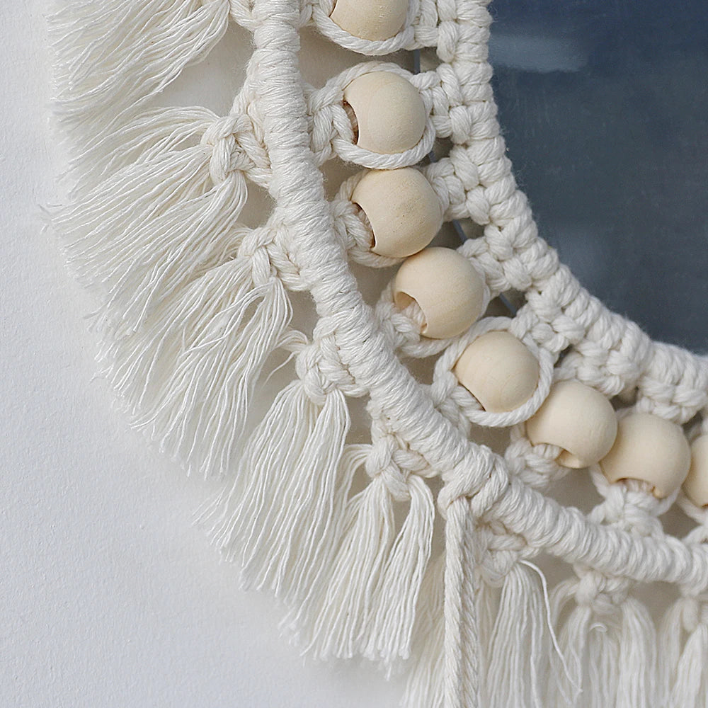 Boho Macrame Round Mirror Decorative Mirrors Aesthetic Room Decor Hanging Wall Mirror for Bedroom Living Room House Decoration