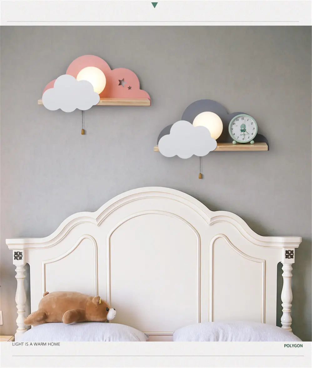 Nordic Cloud Wood Shelf Wall Lamp With Pull Switch Children Bedroom Bedside Night Light Study Corridor Wall Sconce Led Fixture