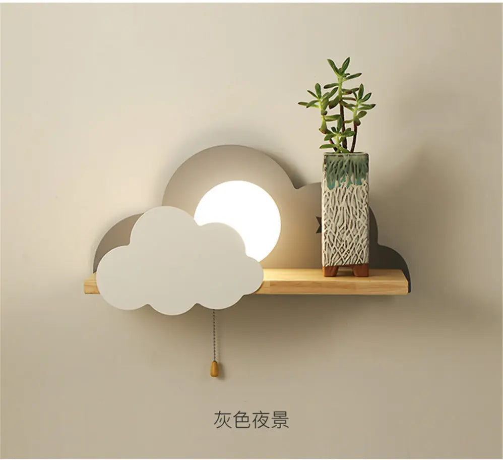 Nordic Cloud Wood Shelf Wall Lamp With Pull Switch Children Bedroom Bedside Night Light Study Corridor Wall Sconce Led Fixture