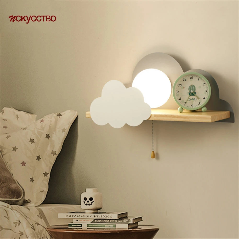 Nordic Cloud Wood Shelf Wall Lamp With Pull Switch Children Bedroom Bedside Night Light Study Corridor Wall Sconce Led Fixture