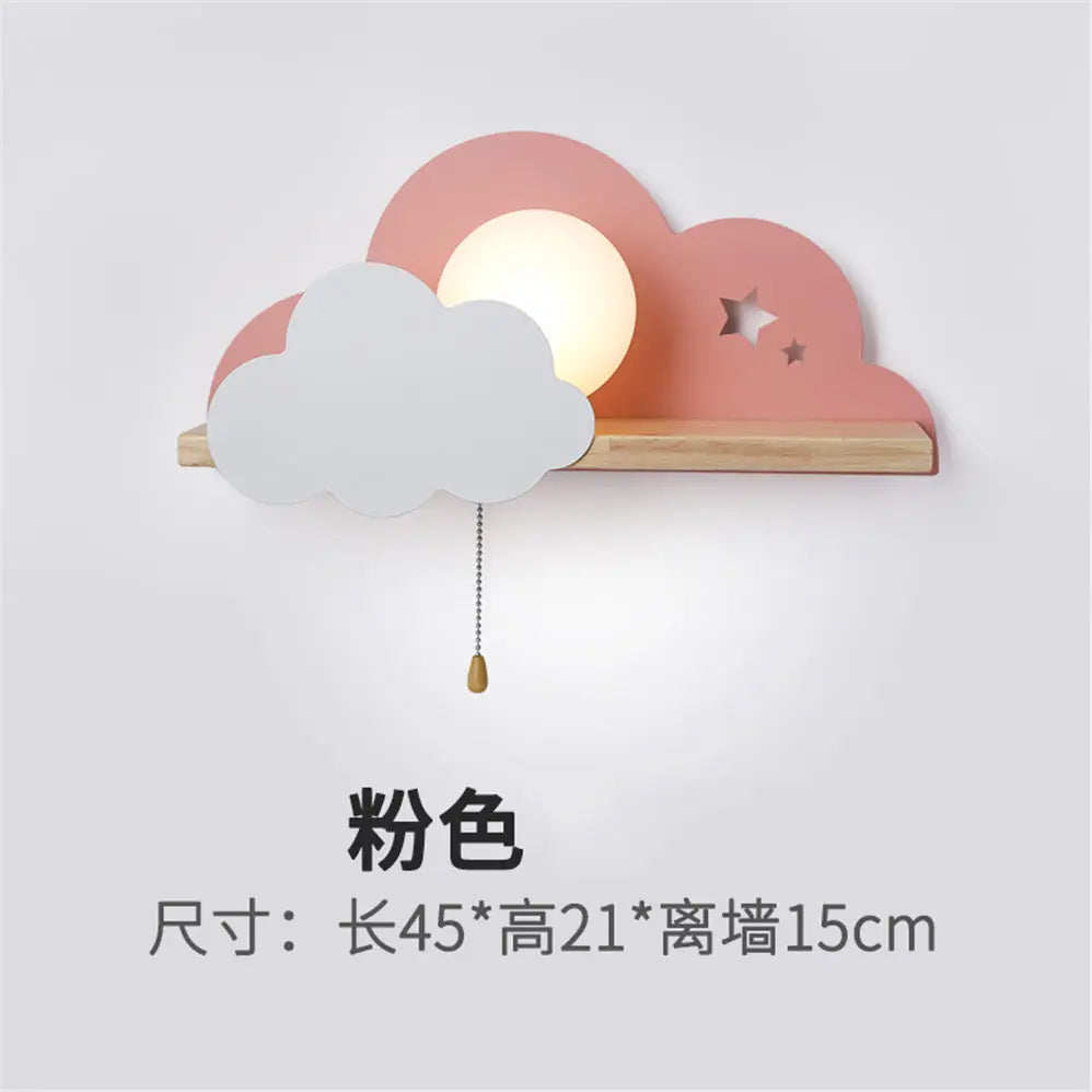 Nordic Cloud Wood Shelf Wall Lamp With Pull Switch Children Bedroom Bedside Night Light Study Corridor Wall Sconce Led Fixture
