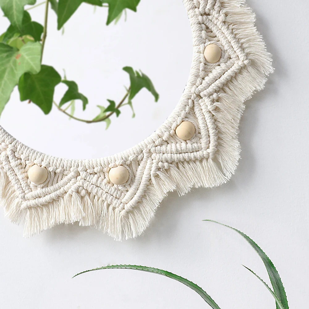 Boho Macrame Round Mirror Decorative Mirrors Aesthetic Room Decor Hanging Wall Mirror for Bedroom Living Room House Decoration