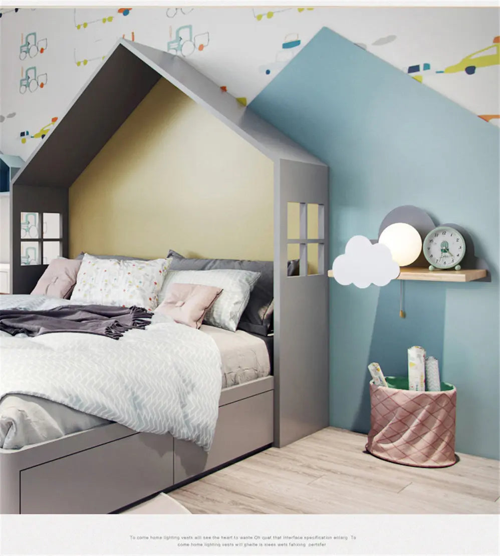 Nordic Cloud Wood Shelf Wall Lamp With Pull Switch Children Bedroom Bedside Night Light Study Corridor Wall Sconce Led Fixture