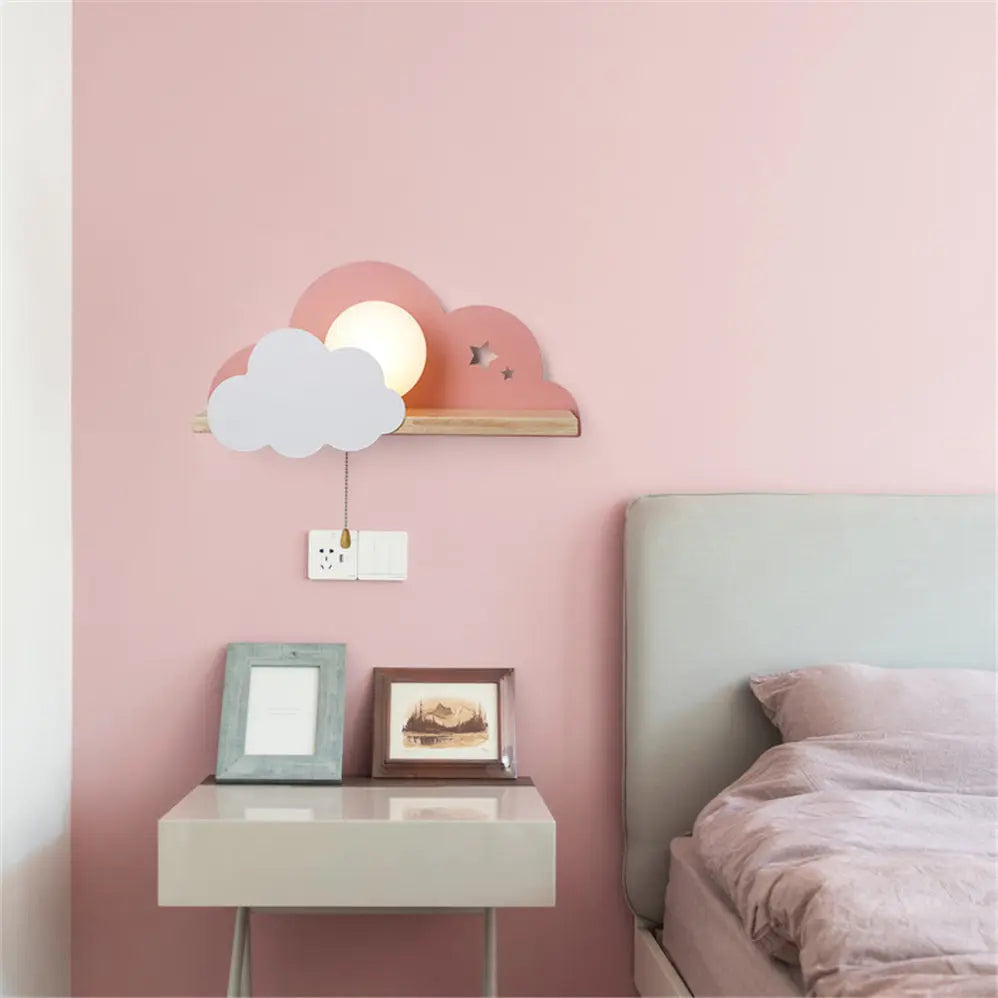 Nordic Cloud Wood Shelf Wall Lamp With Pull Switch Children Bedroom Bedside Night Light Study Corridor Wall Sconce Led Fixture