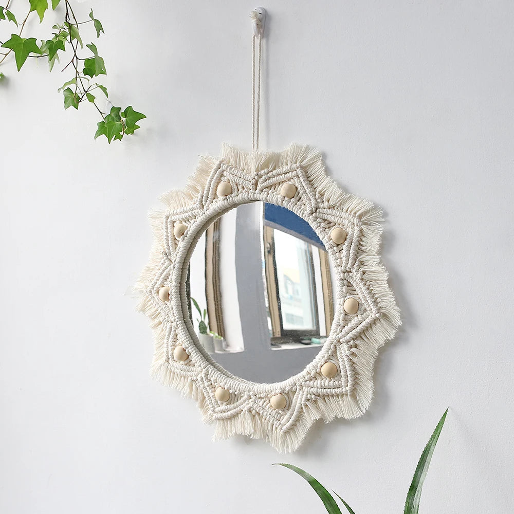 Boho Macrame Round Mirror Decorative Mirrors Aesthetic Room Decor Hanging Wall Mirror for Bedroom Living Room House Decoration