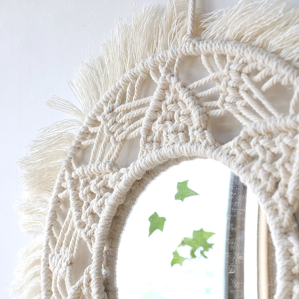 Boho Macrame Round Mirror Decorative Mirrors Aesthetic Room Decor Hanging Wall Mirror for Bedroom Living Room House Decoration