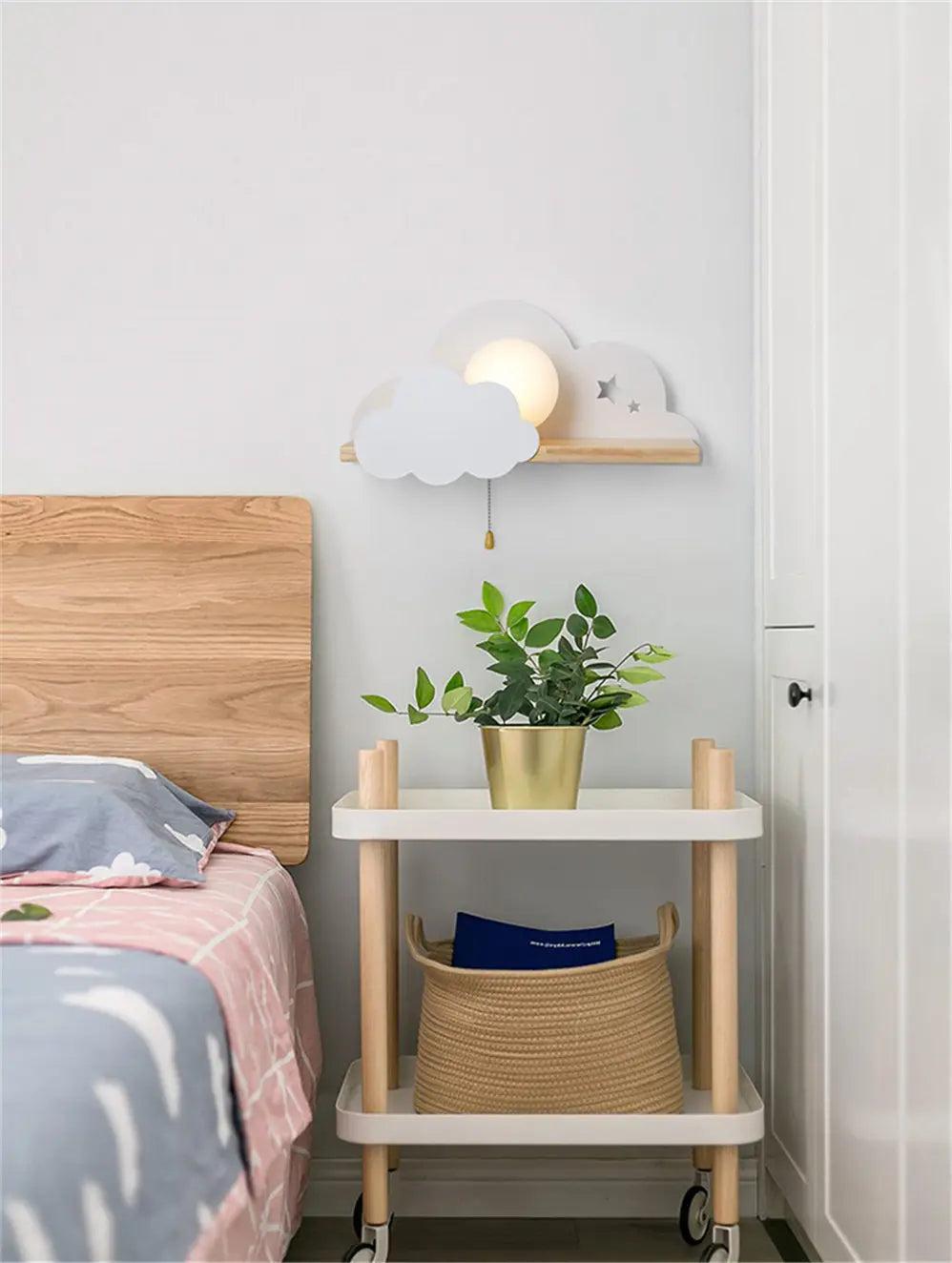 Nordic Cloud Wood Shelf Wall Lamp With Pull Switch Children Bedroom Bedside Night Light Study Corridor Wall Sconce Led Fixture
