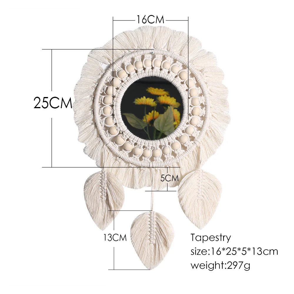 Boho Macrame Round Mirror Decorative Mirrors Aesthetic Room Decor Hanging Wall Mirror for Bedroom Living Room House Decoration
