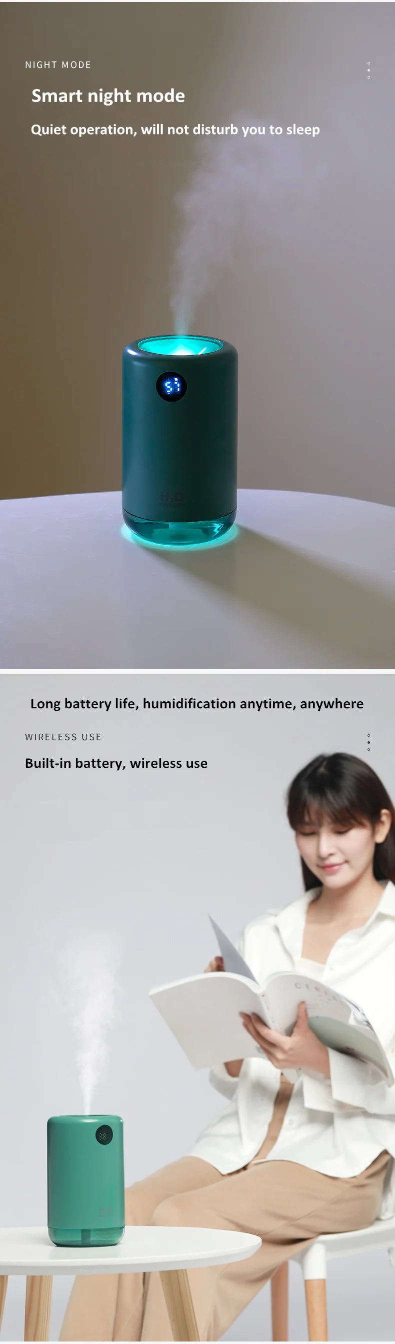 Home Table Wireless Ultrasonic Air Humidifier, Portable Mini Aroma Water Mist Diffuser, Battery Life Show, 500ml, 2000mAh