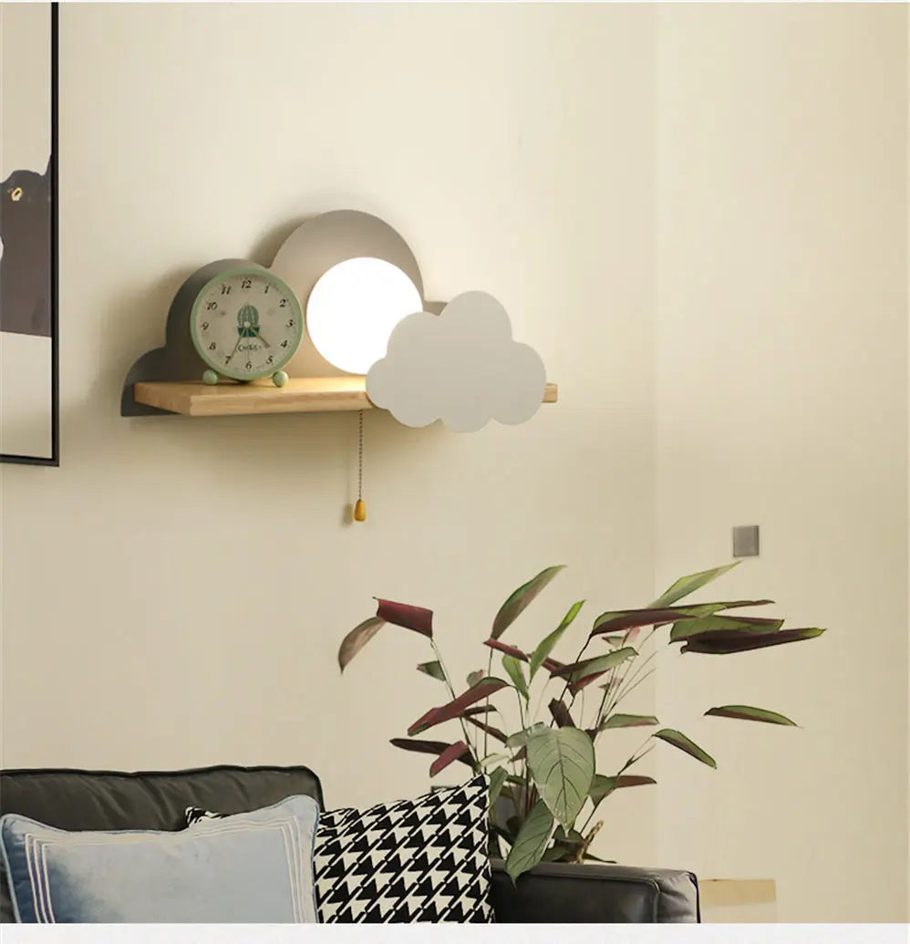 Nordic Cloud Wood Shelf Wall Lamp With Pull Switch Children Bedroom Bedside Night Light Study Corridor Wall Sconce Led Fixture