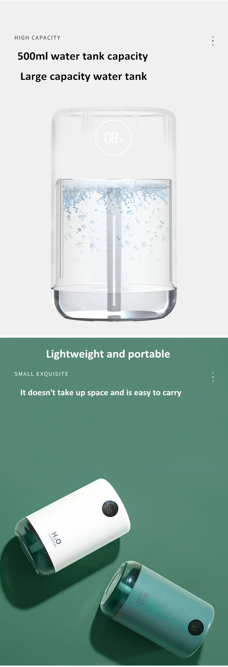 Home Table Wireless Ultrasonic Air Humidifier, Portable Mini Aroma Water Mist Diffuser, Battery Life Show, 500ml, 2000mAh