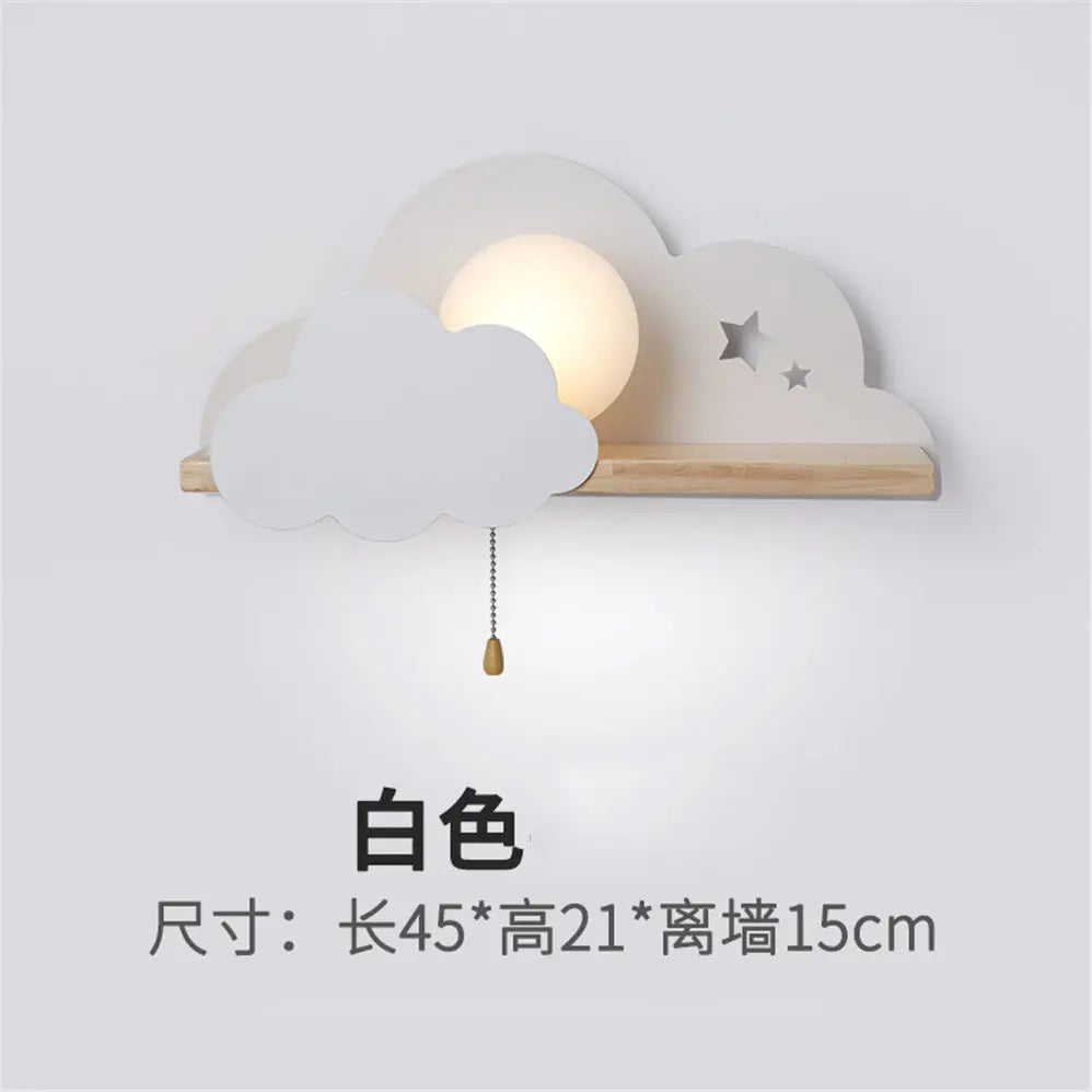 Nordic Cloud Wood Shelf Wall Lamp With Pull Switch Children Bedroom Bedside Night Light Study Corridor Wall Sconce Led Fixture