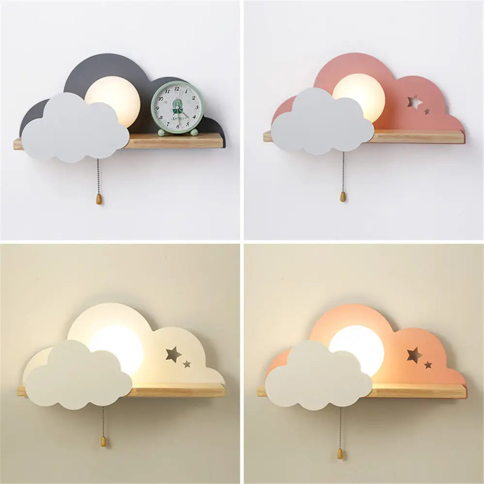 Nordic Cloud Wood Shelf Wall Lamp With Pull Switch Children Bedroom Bedside Night Light Study Corridor Wall Sconce Led Fixture
