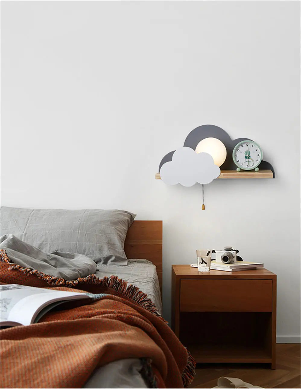 Nordic Cloud Wood Shelf Wall Lamp With Pull Switch Children Bedroom Bedside Night Light Study Corridor Wall Sconce Led Fixture