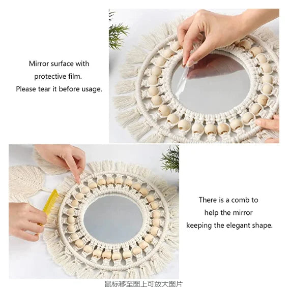 Boho Macrame Round Mirror Decorative Mirrors Aesthetic Room Decor Hanging Wall Mirror for Bedroom Living Room House Decoration