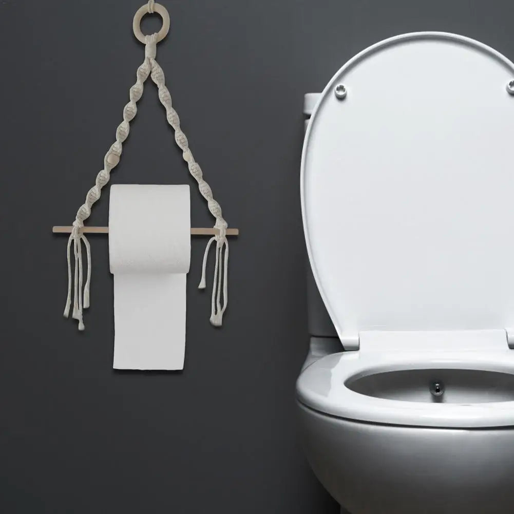 Nordic Wooden Stick Toilet Paper Holder Wall Hanging Hand-woven Tapestry Macrame Kitchen Bathroom Towel Rack Decoration