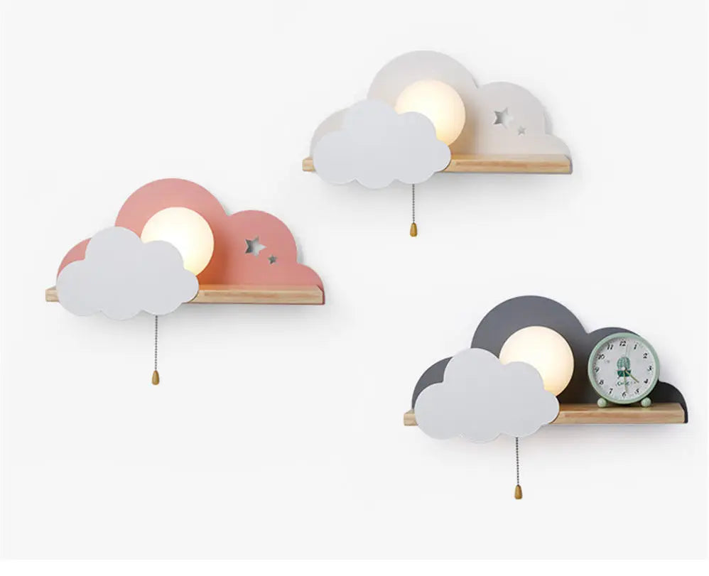 Nordic Cloud Wood Shelf Wall Lamp With Pull Switch Children Bedroom Bedside Night Light Study Corridor Wall Sconce Led Fixture
