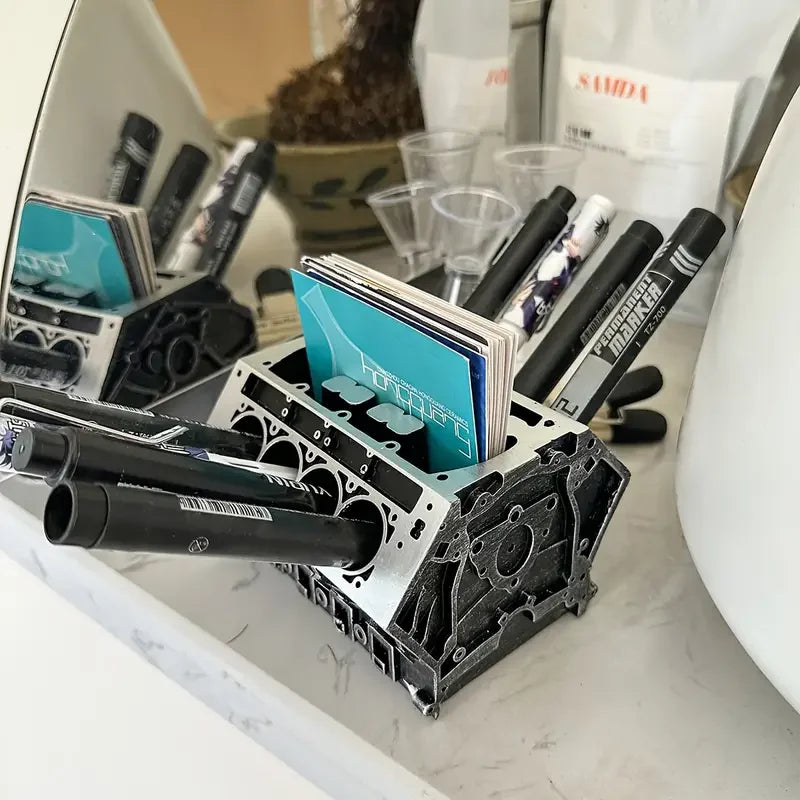 Creative Engine Block Desk Organizer Business Card Pen Holder Perfect Gift for Car Enthusiasts Resin Construction