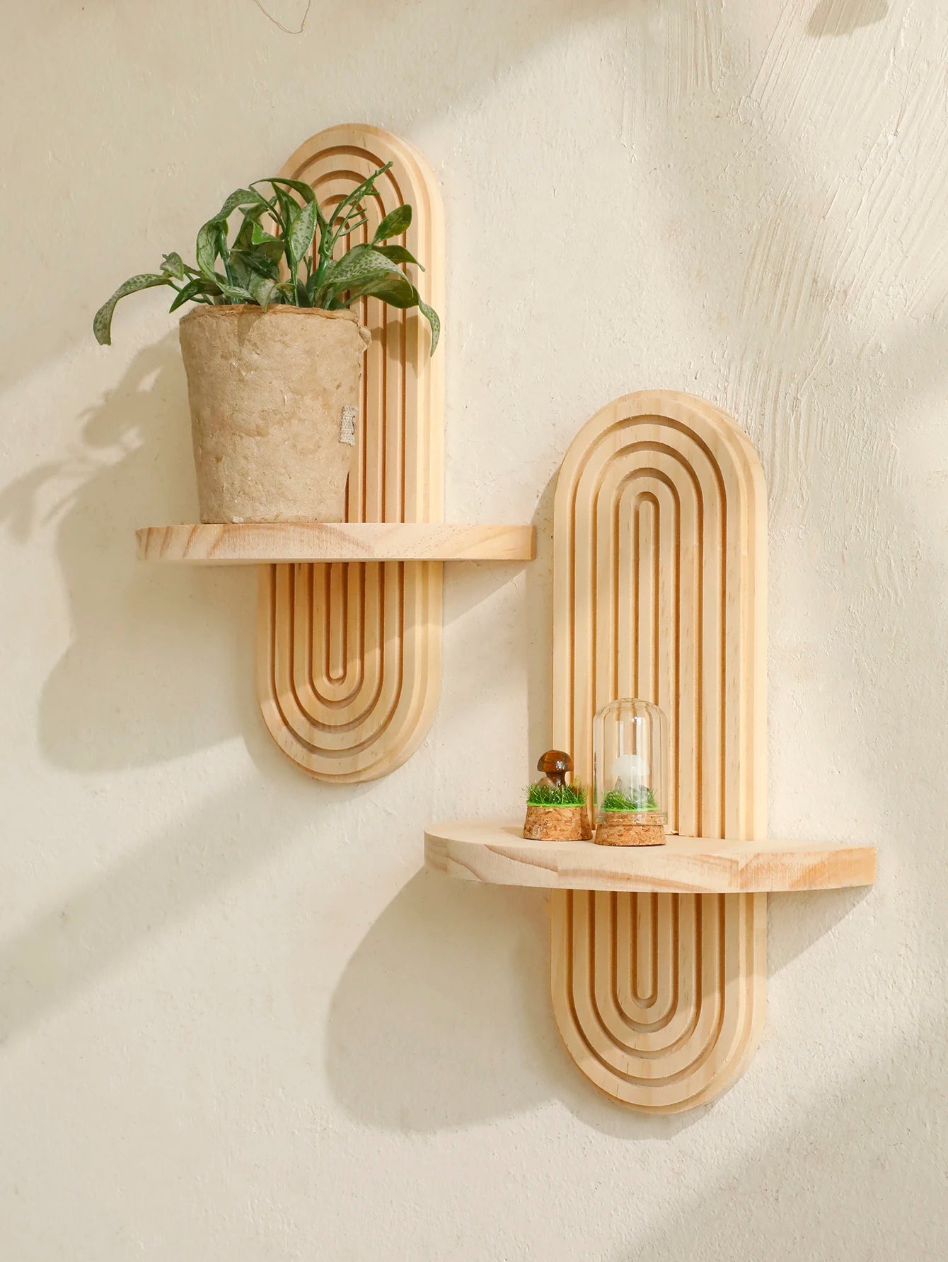 1Pc Boho Style Wooden Wall Shelves - Geometric Wall Mounted Shelves, Natural Wood Finish, Modern Home Decor, Plant Decorative