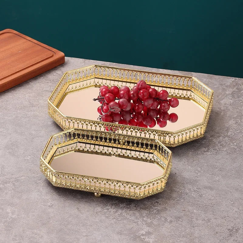 Luxury Mirror Metal Tray Cafe Restaurant Home Entrance Storage Tray Sample Pose Decoration Props Trays Decorative