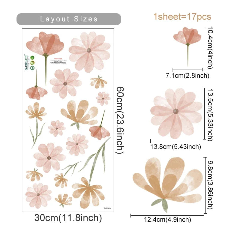 Boho Flowers Wall Stickers Child Watercolor Bedroom Living Room Home Decor Art Eco-frienly Removable Decals PVC Murals