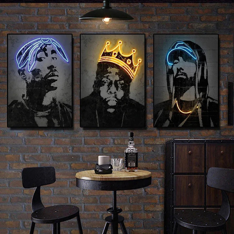 Canvas Print Art Poster Abstract Neon Design Rapper Star Canvas Paintings 2PAC Hip Hop Singers Poster Wall Art Bar Home Decor