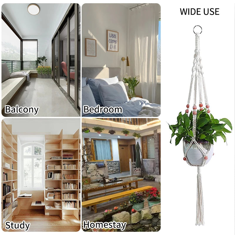 Green Plant Hanging Basket Cotton Rope Handmade Plant Hanger Flower Pot Macrame Pot Pocket Wall Boho Courtyard Home Decoration