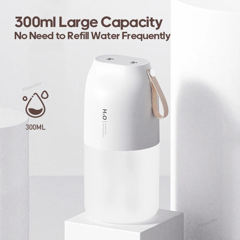 Dual Jet Air Humidifier 300ml, Ultrasonic Cool Mist Diffuser Replenish Humidity, Portable 2000mAh Air Freshener Purifier