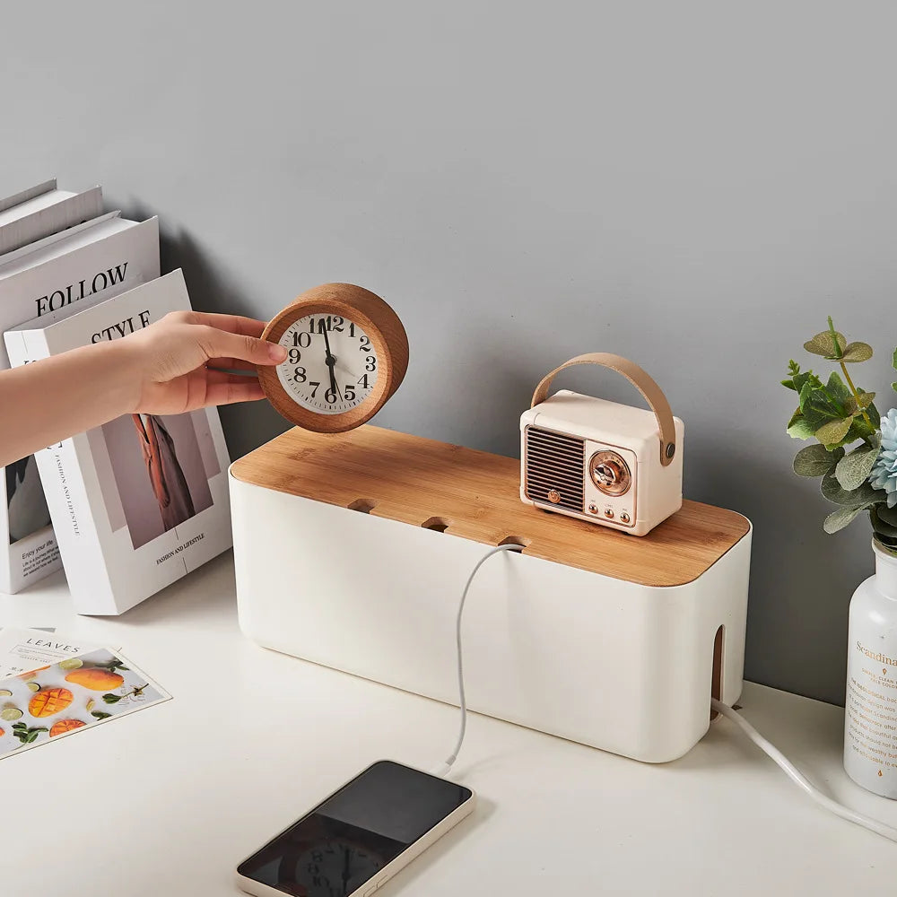 Cable Management Box Bamboo Cover Wire Junction Board Storage Box Hide Wires Power Strips Desk shelf Cable Makeup Organizer Boxs