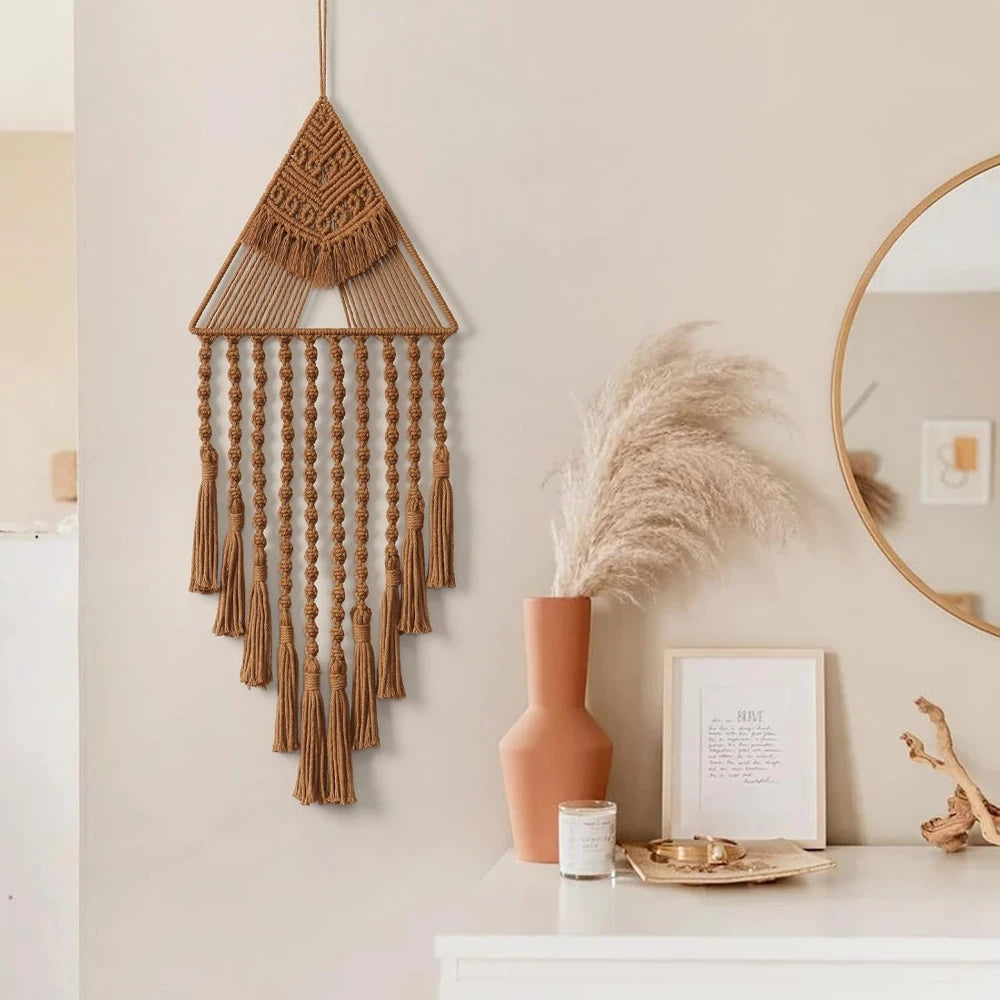 Macrame Dream Catcher Wall Hanging Decor Brown Triangle Woven Tassel Tapestry Art Boho Apartment Bedroom Door Home Decoration