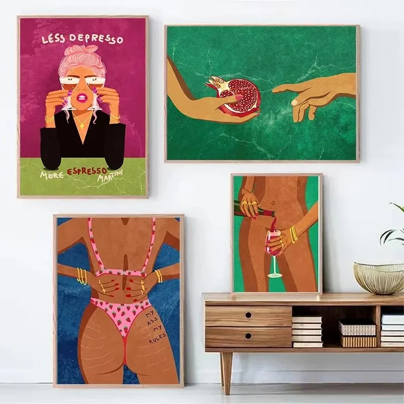 Colorful Sexy Girl Boho Drink Wine Fruit Abstract Wall Art Canvas Painting Posters and Print Wall Pictures for Living Room Decor