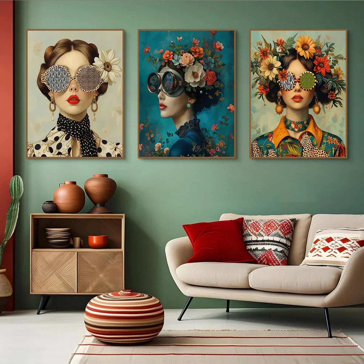 3pcs Nordic Boho Fashion Glasses Woman with Flowers Wall Art Canvas Painting Butterfly Girl Portrait Poster Prints Mural Picture