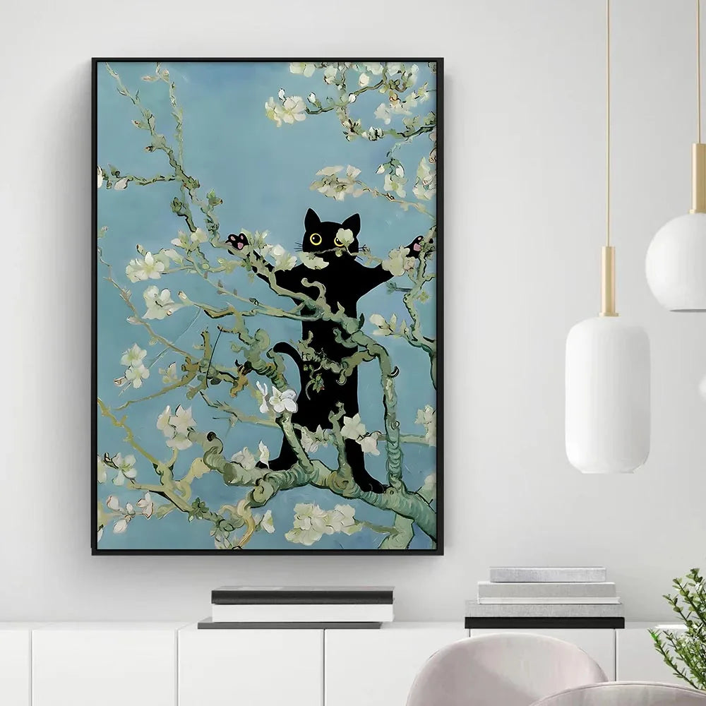 Funny Black Cat Wall Art Van Gogh Poster Abstract Famous Reproduction Canvas Painting Aesthetic Room Home Decor