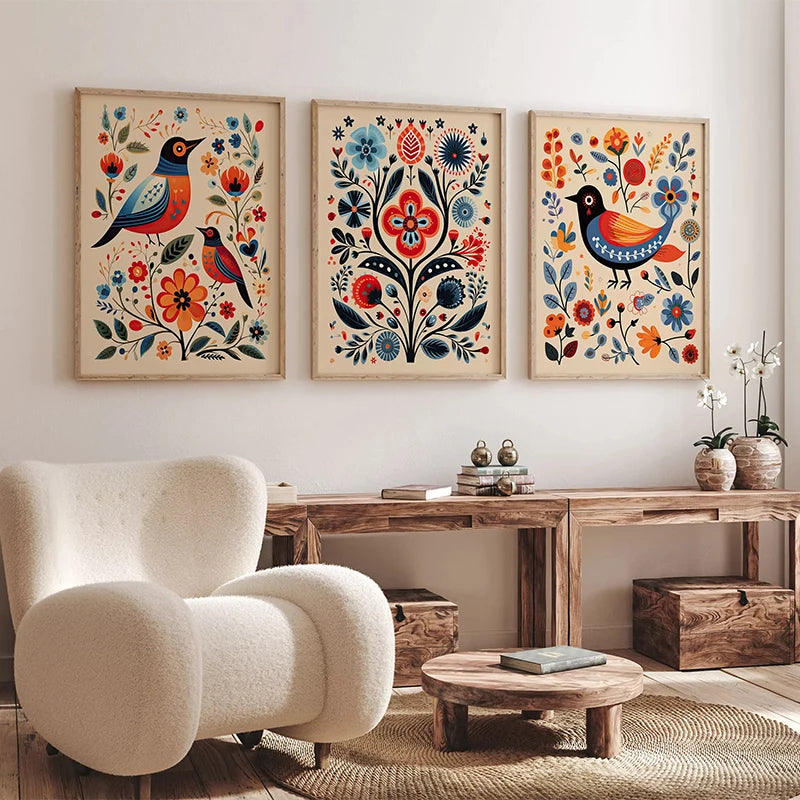 Norwegian Folk Art Floral Bird Poster Nordic Print Abstract Canvas Painting Scandinavian Wall Art Picture Living Room Home Decor