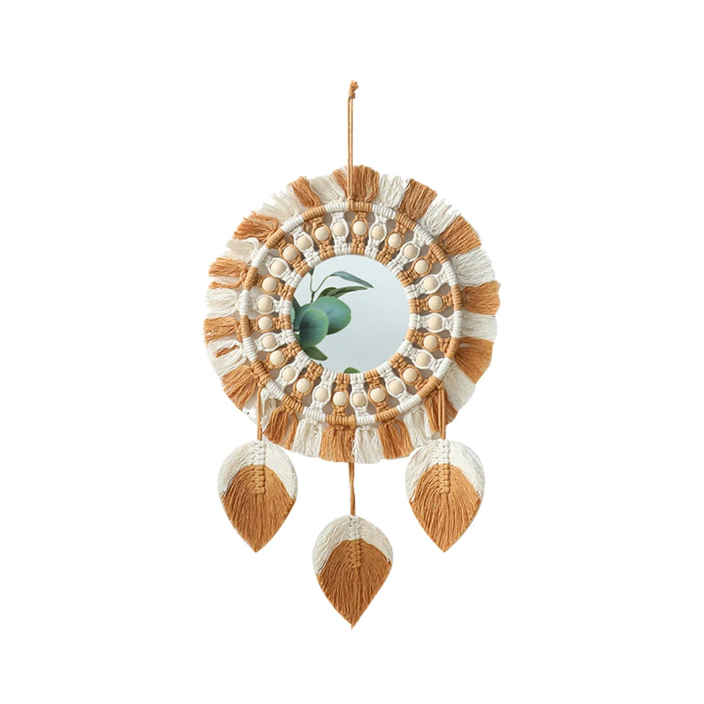 Boho Macrame Round Mirror Decorative Mirrors Aesthetic Room Decor Hanging Wall Mirror for Bedroom Living Room House Decoration