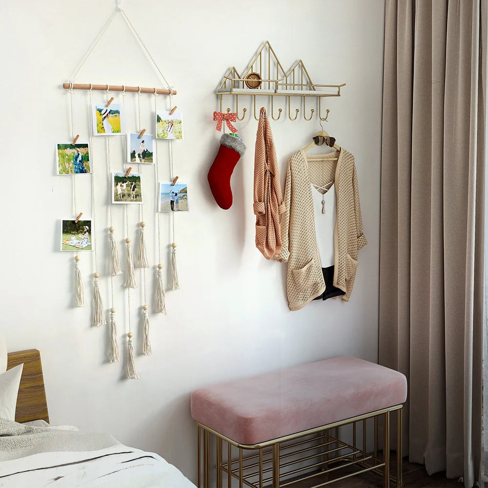 Hanging Photo Display Wall Decor Macrame Wall Hanging Boho Room Bedroom Decor, Picture Frame Collage Board with Light 30 Clip