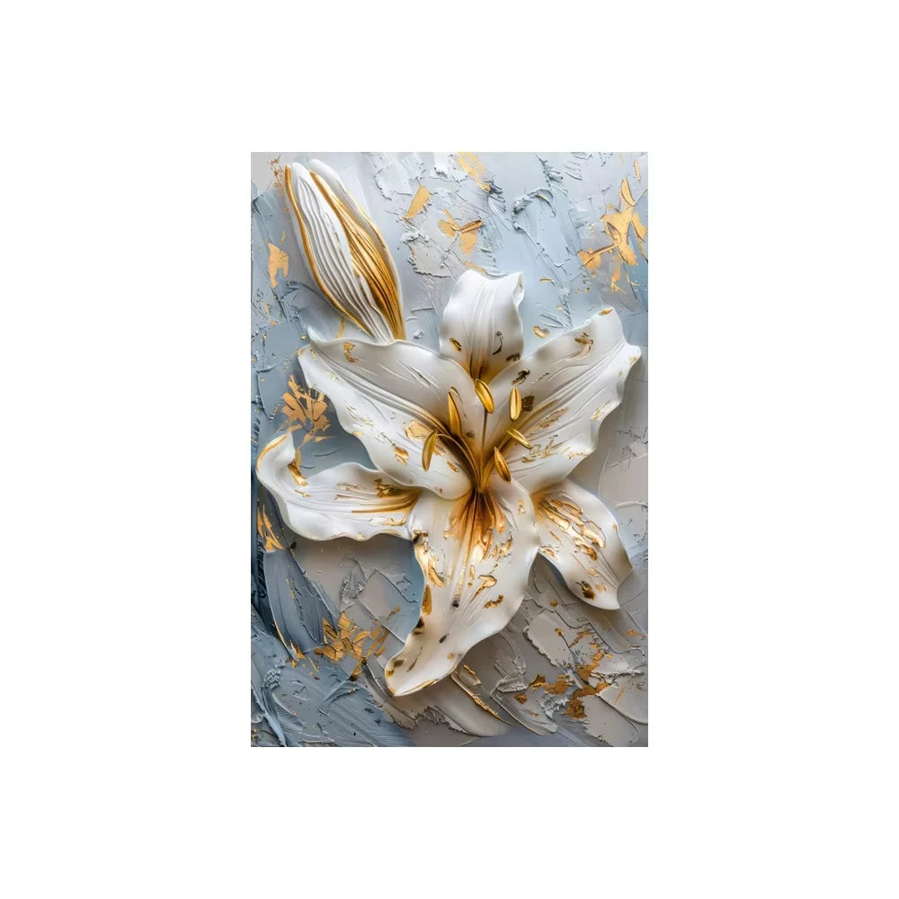 Fashion Gold and White Flower Canvas Posters Painting Abstract 3D Lily Flowers Wall Art Print for Bedroom Living Rome Home Decor